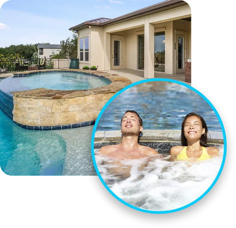 couple enjoying spa next to pool