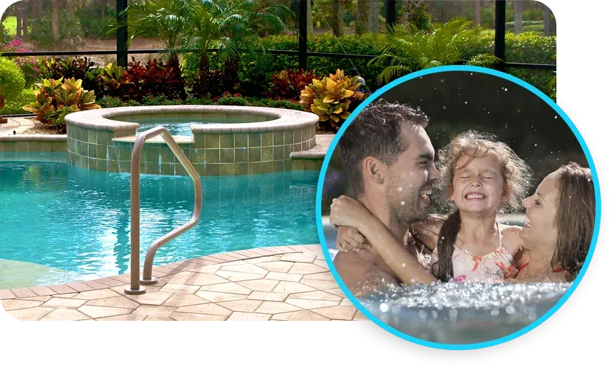 family swimming in pool